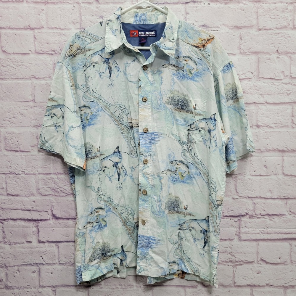 Reel Legends Performance Shirt Mens L Fish Print Cotton Rayon Coastal Beach